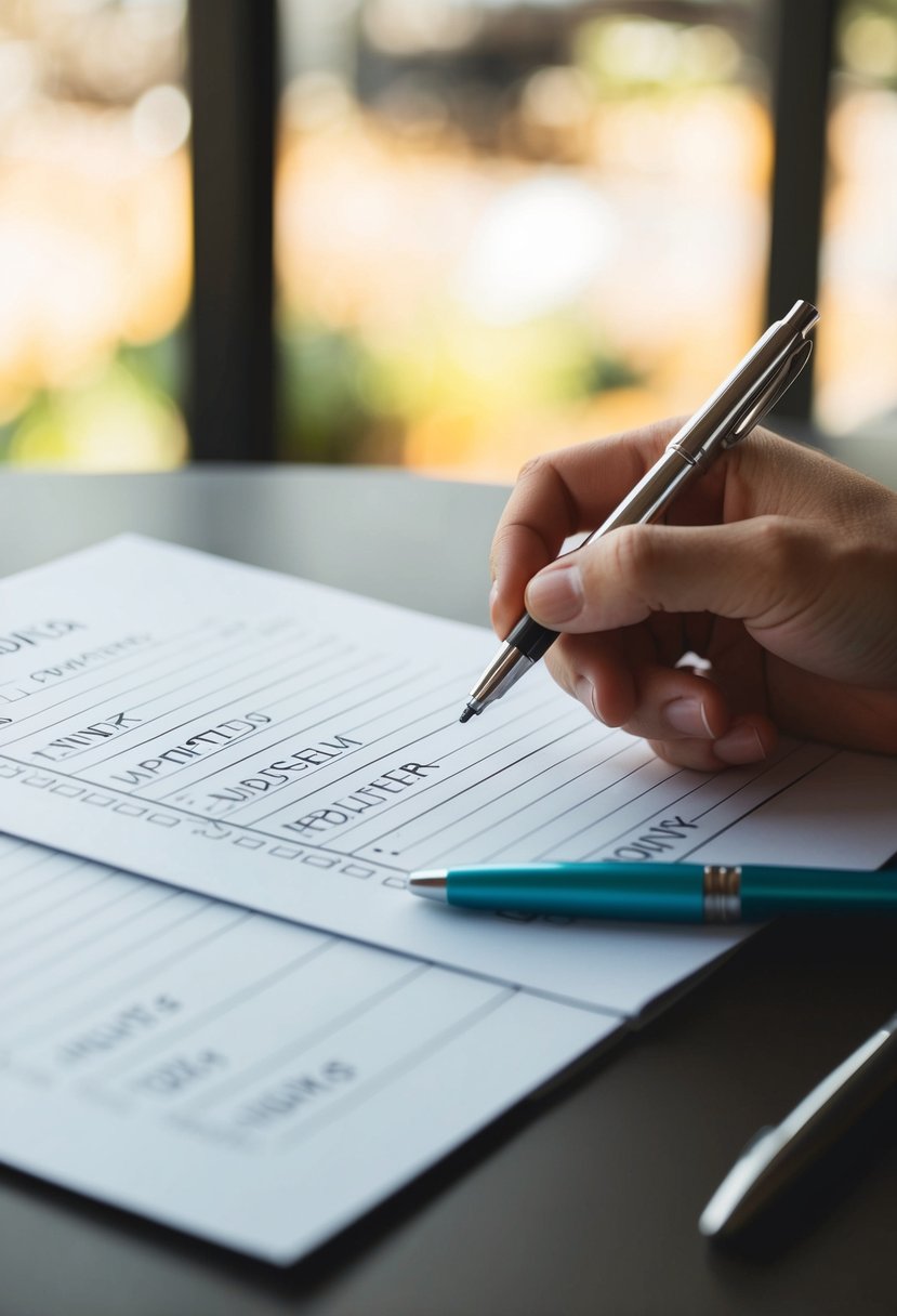 A table with a pen, paper, and a list of names. A hand reaching out to add another name to the list