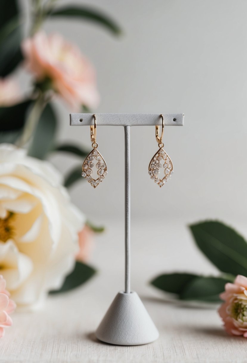 Two delicate dangle earrings hanging from a jewelry stand, surrounded by soft lighting and floral accents