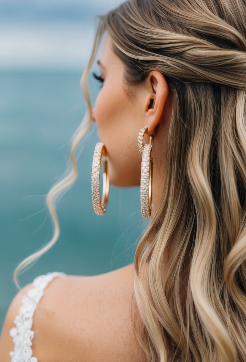 A pair of hoop earrings dangling against a backdrop of loose, flowing waves of hair, evoking a sense of elegance and romance for a wedding