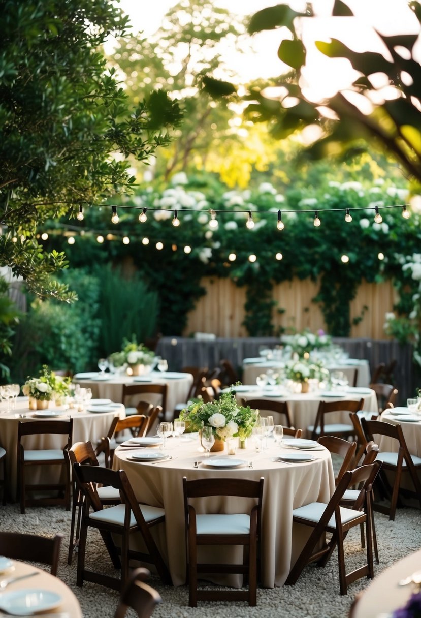 A cozy, intimate venue with a limited number of tables and chairs arranged in a beautiful outdoor garden setting