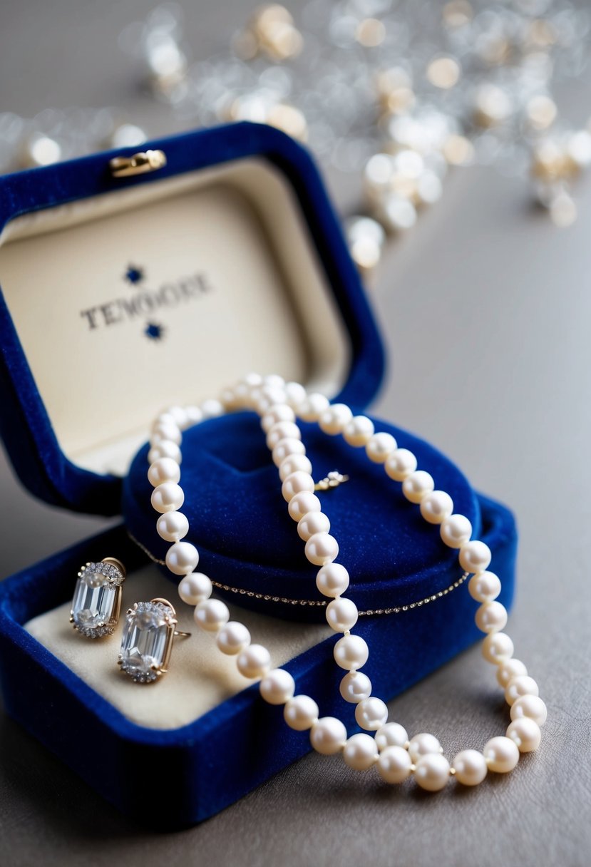 A single strand pearl necklace draped over a velvet jewelry box with elegant earrings beside it