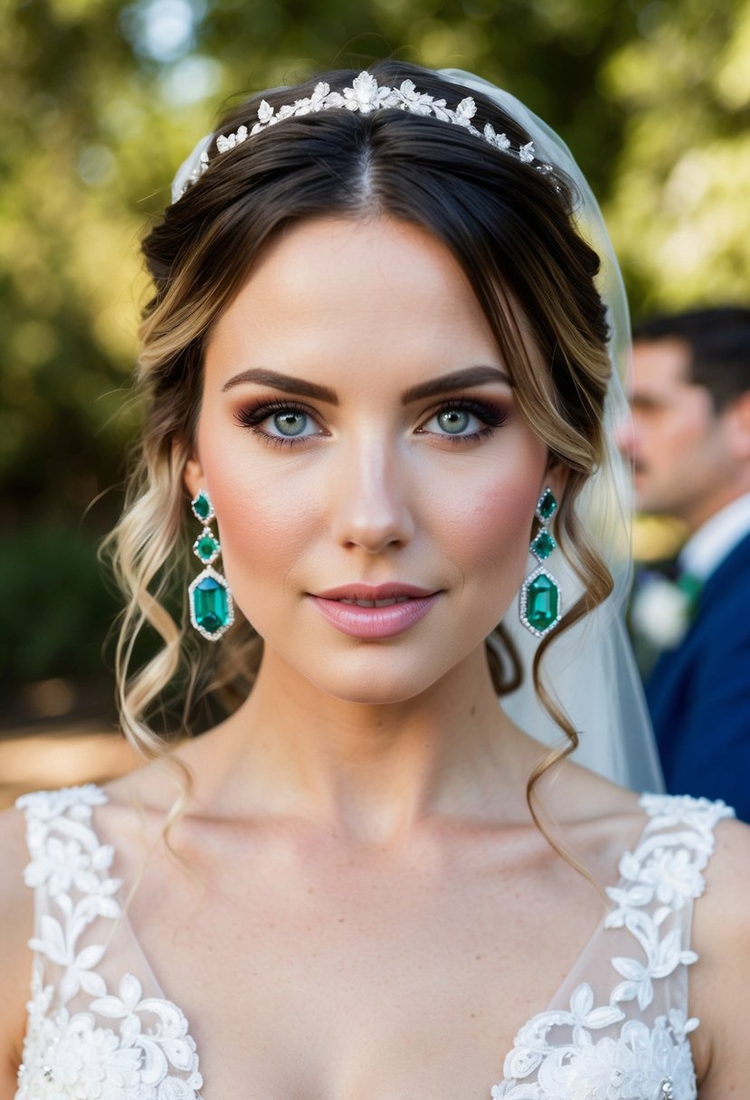 A bride's loose hair frames her face as she wears emerald-cut sapphire drop earrings on her wedding day