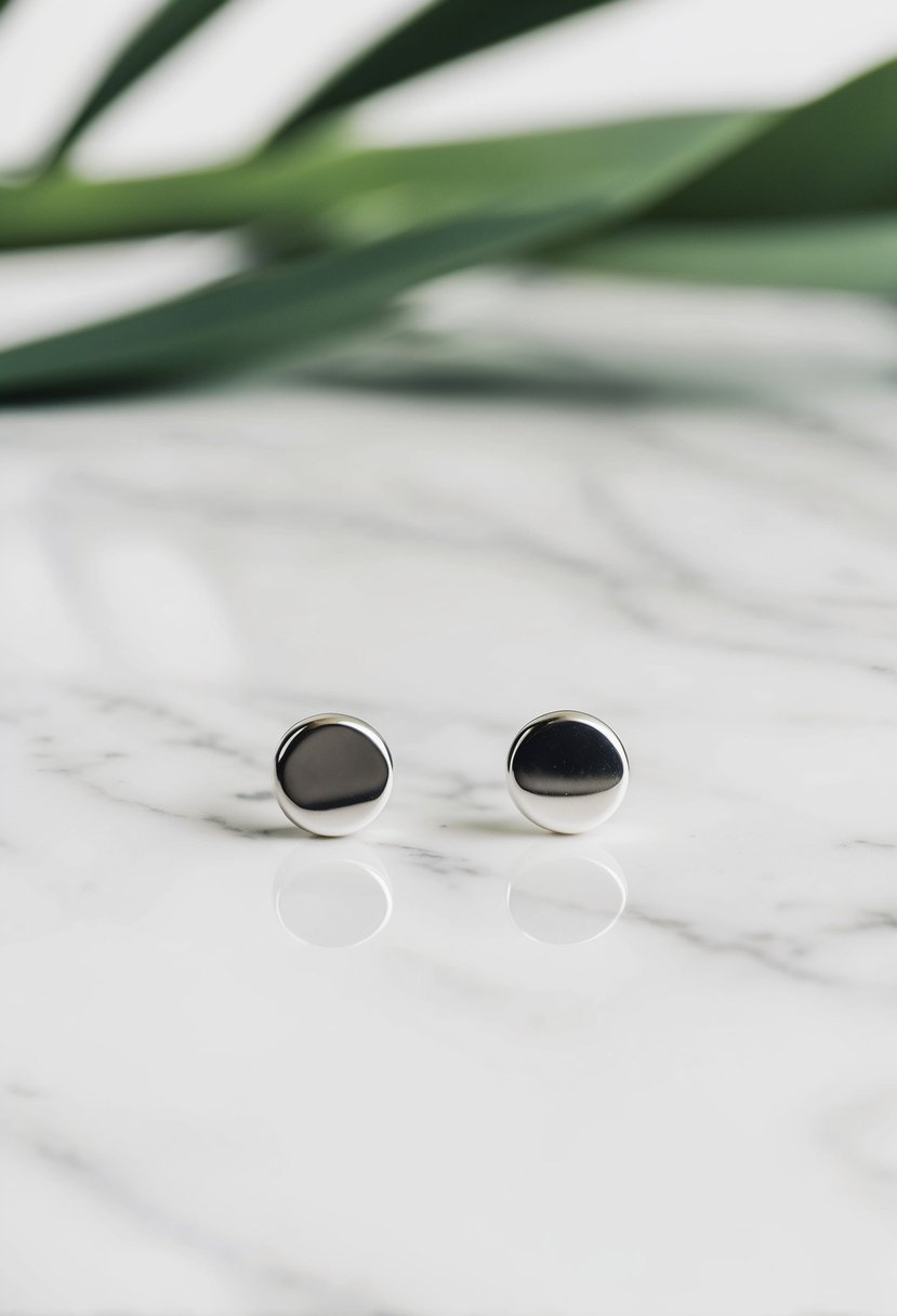 A white marble background with two elegant, simple silver studs arranged in a minimalist fashion