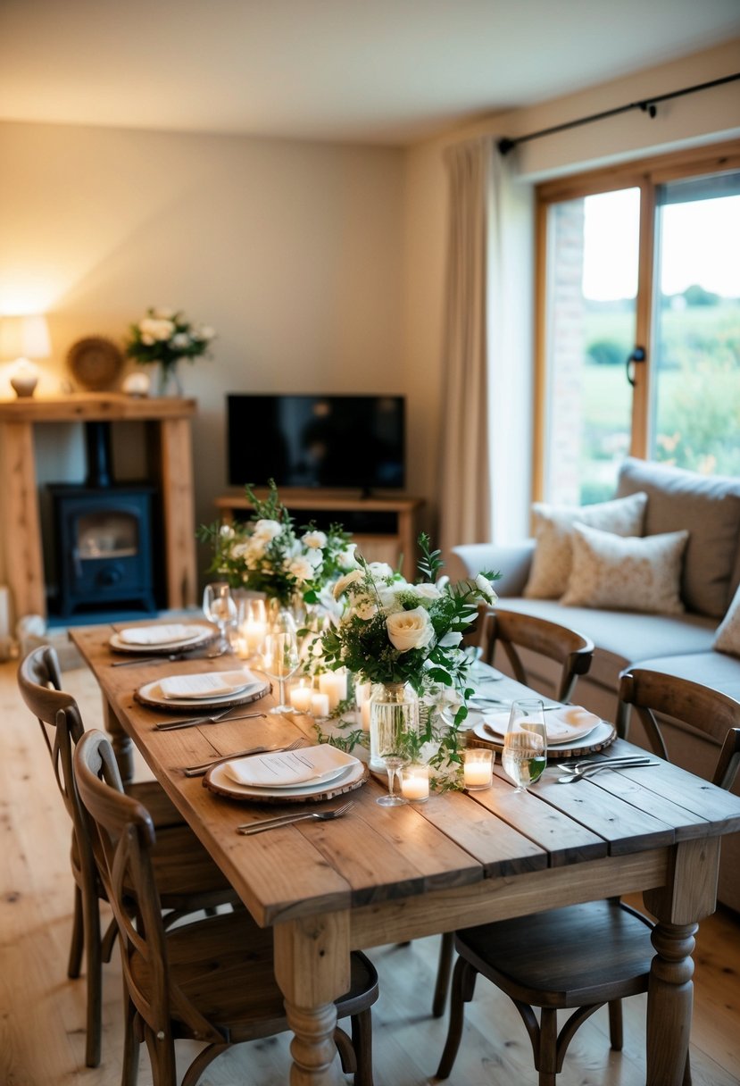 A cozy living room with a rustic wooden table set for a small wedding. Soft lighting and fresh flowers create an intimate atmosphere