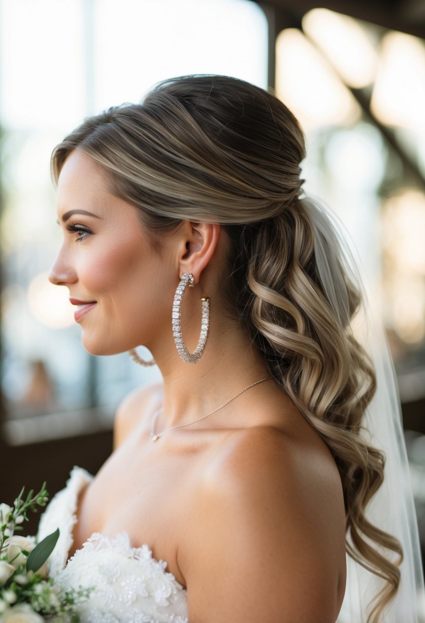 A pair of elegant statement hoops dangle from a half-up hairstyle, with loose waves cascading down. The bride's earrings glimmer in the soft light, adding a touch of glamour to her wedding look