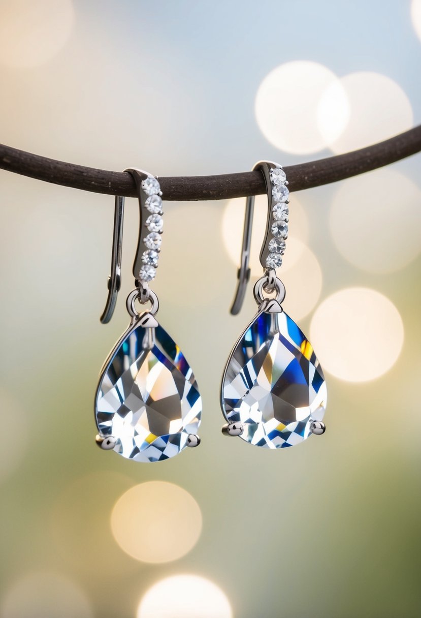 A close-up of elegant Swarovski crystal drop earrings against a soft, blurred background