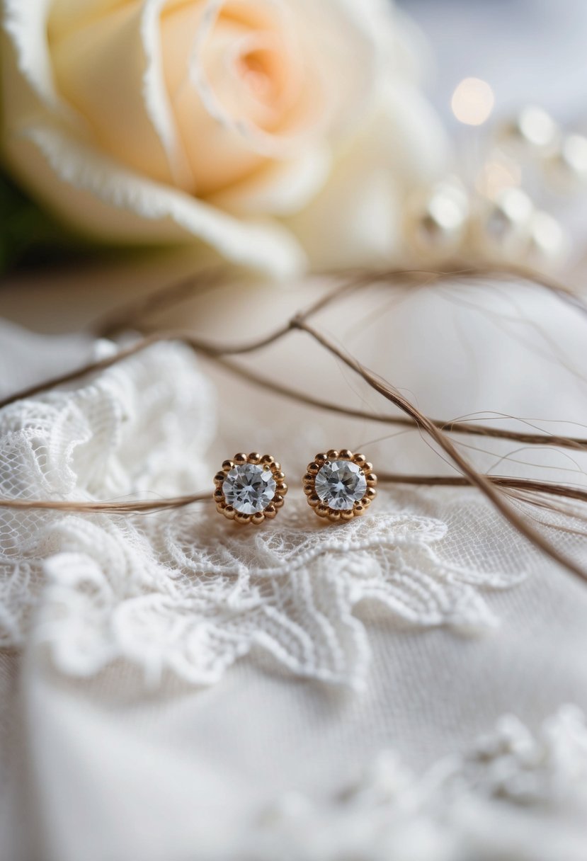 A pair of classic stud earrings resting on a delicate lace fabric, surrounded by loose strands of hair, with a soft focus background of a wedding setting