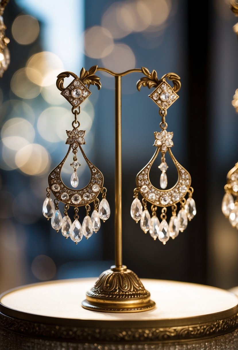 A pair of vintage-inspired chandelier earrings dangle from an ornate display stand, catching the light and casting delicate shadows