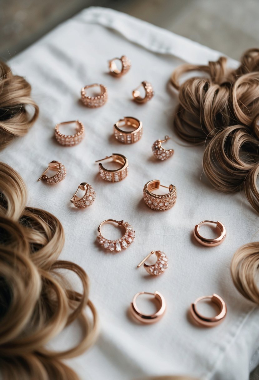 A table with various rose gold bridal earrings scattered on a white cloth, surrounded by loose curls of hair