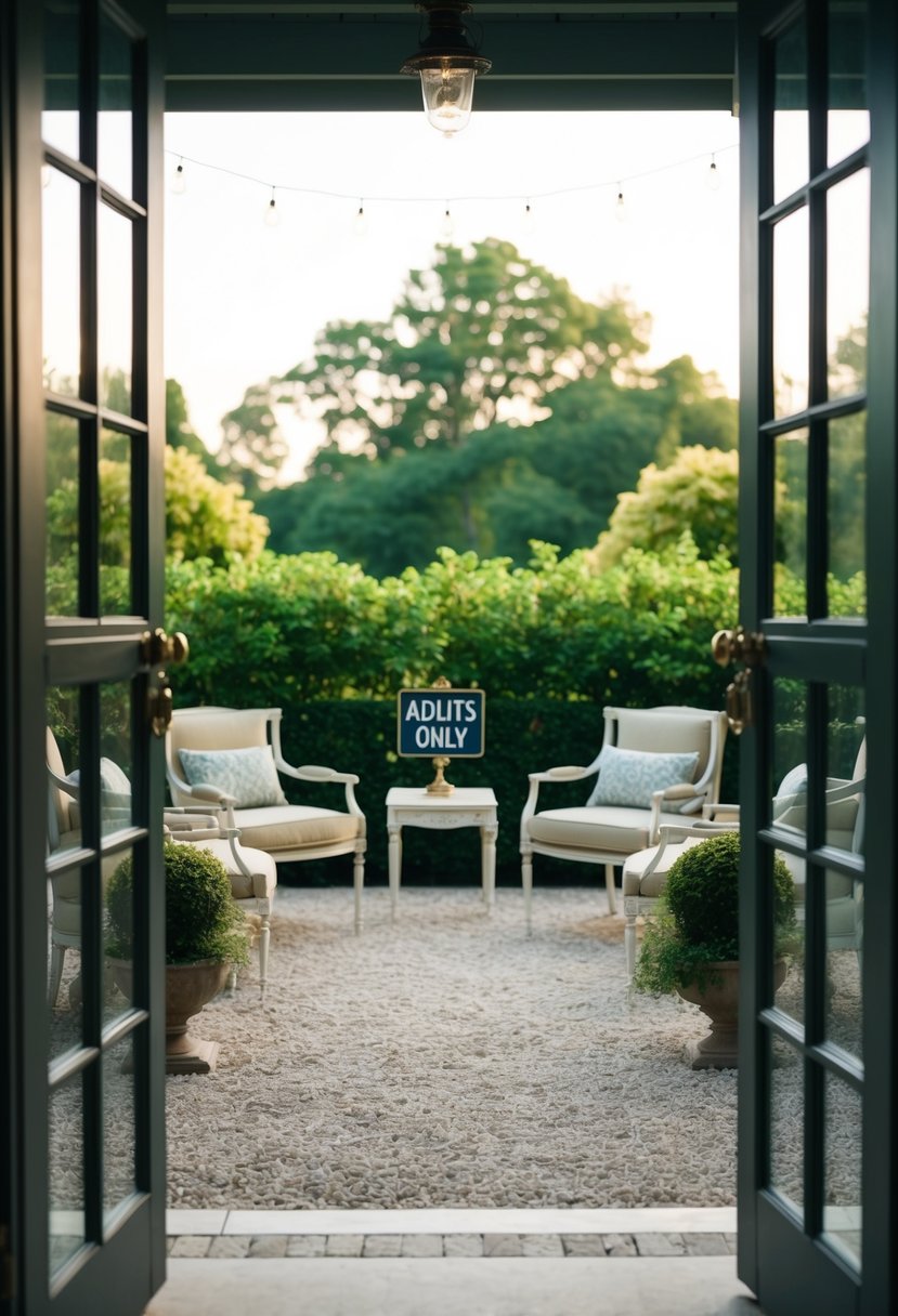 A serene garden setting with elegant seating and a sign indicating "Adults Only" at the entrance