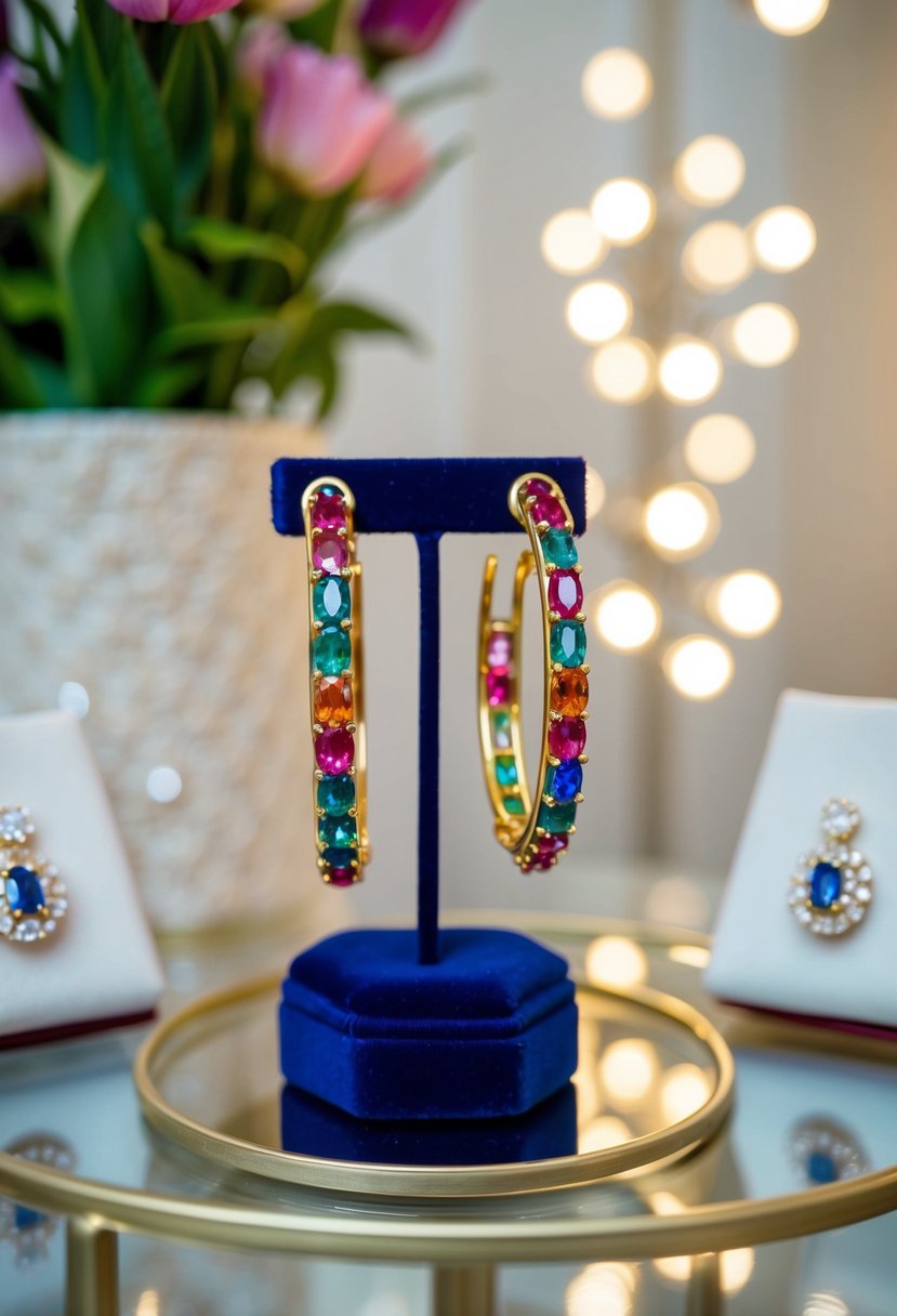 A pair of vibrant gem hoop earrings displayed on a velvet jewelry stand, surrounded by soft lighting and elegant decor