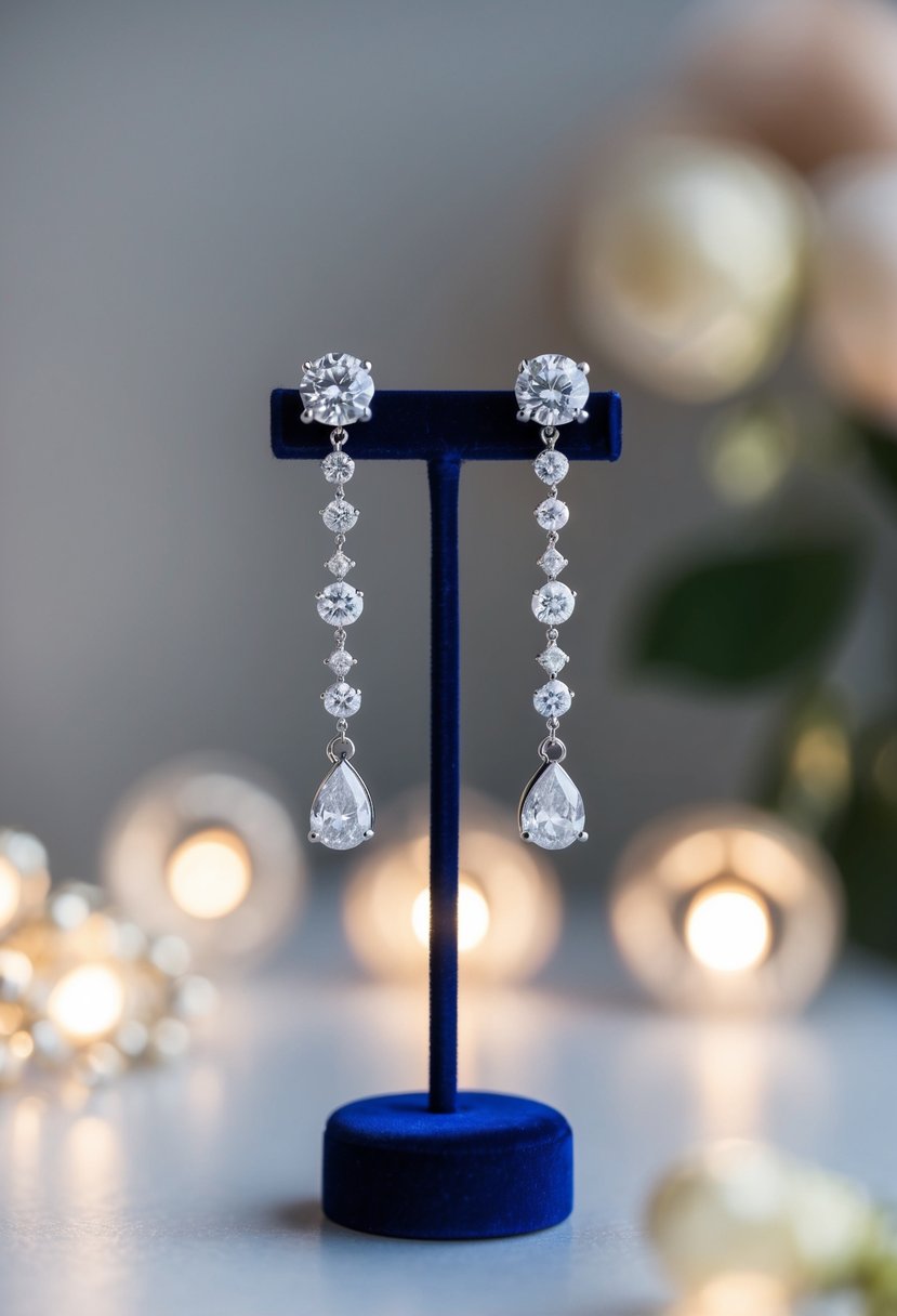 A pair of elegant diamond climber earrings displayed on a velvet jewelry stand, surrounded by soft, romantic lighting