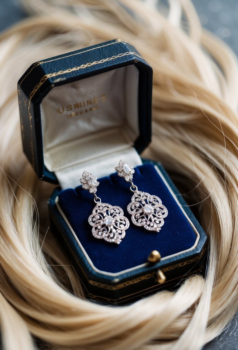 A pair of delicate, intricate wedding earrings dangle from a vintage jewelry box, surrounded by soft, flowing strands of hair