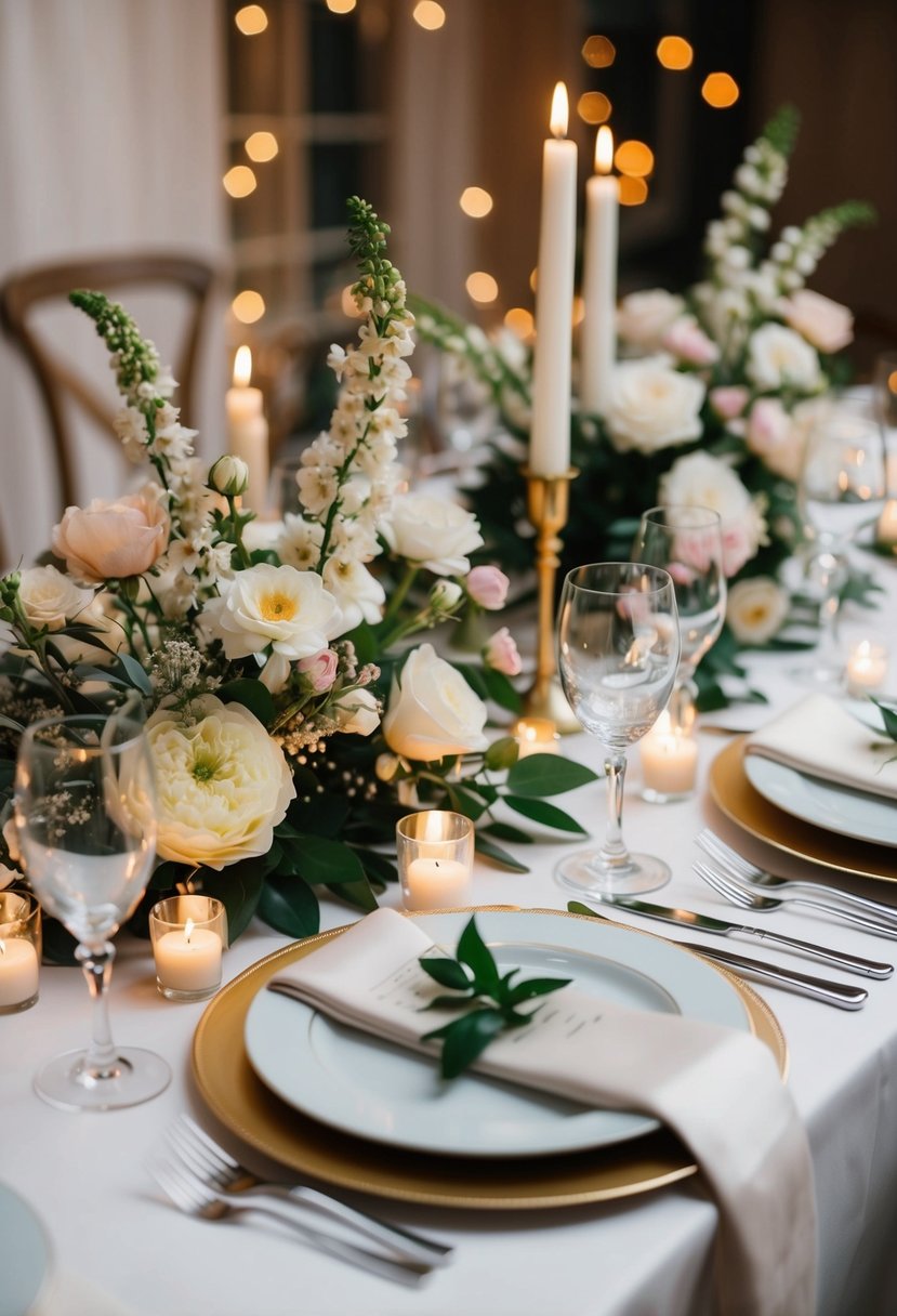 A table with elegant place settings for a small wedding, surrounded by blooming flowers and soft candlelight