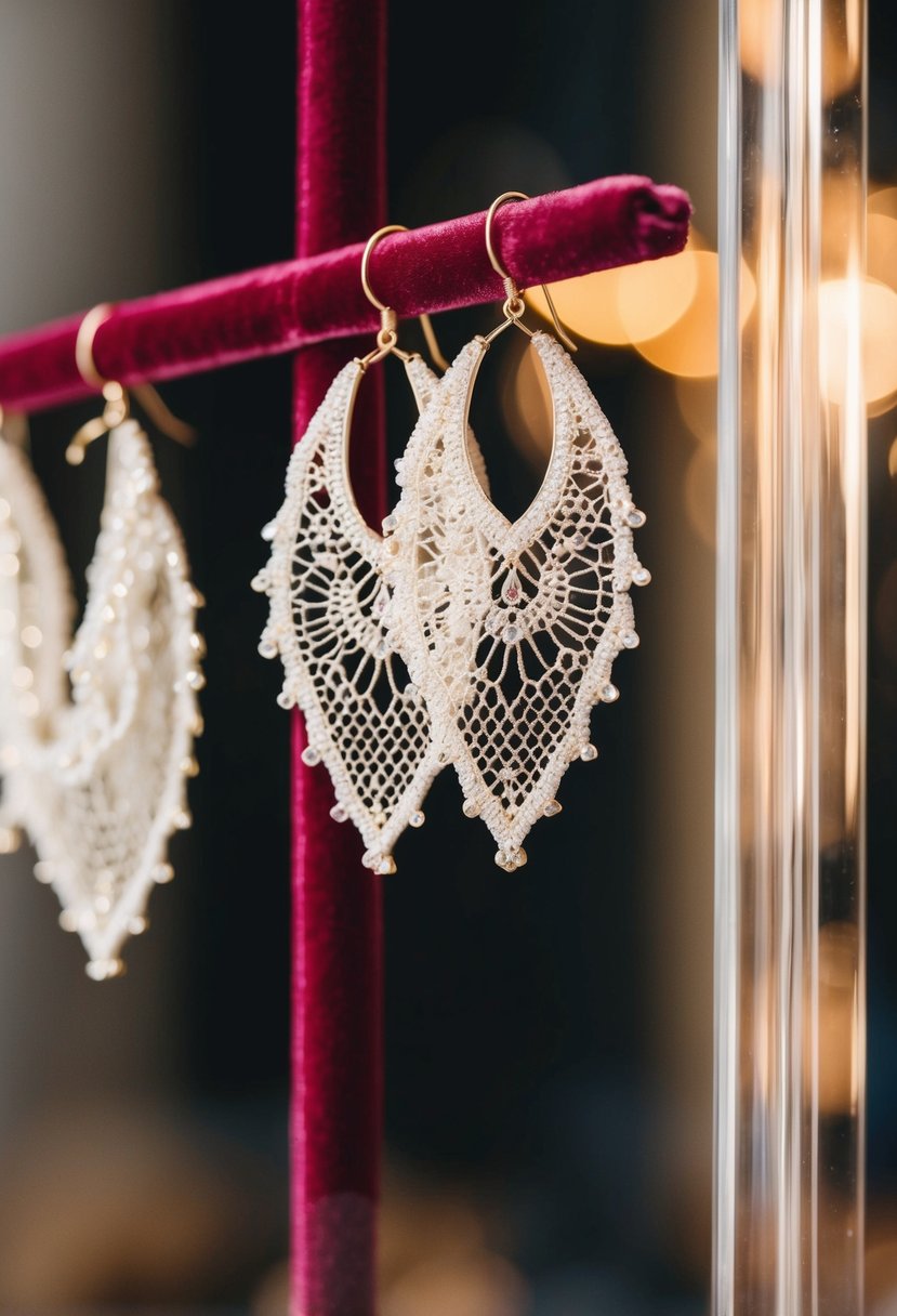 Delicate lace-like earrings hanging on a velvet display, catching the light