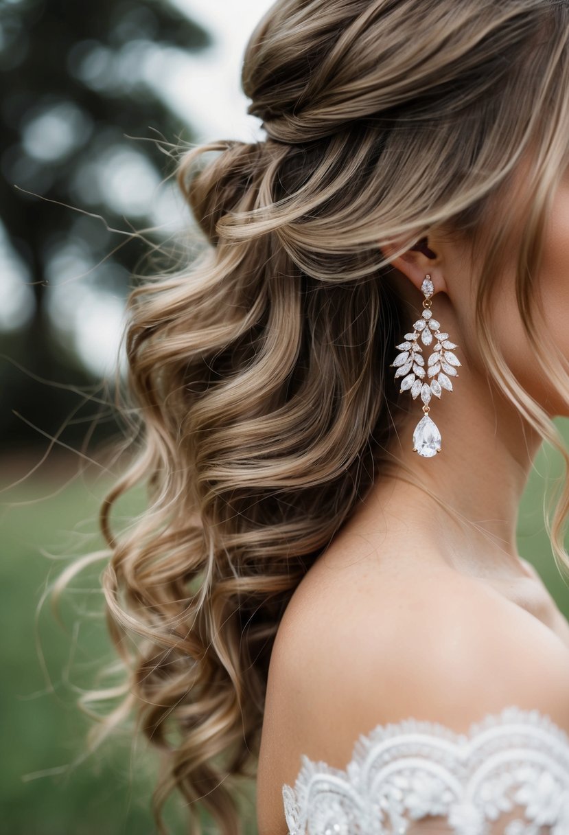 Voluminous loose hair cascading down, framing a pair of elegant drop earrings, with a subtle wedding theme