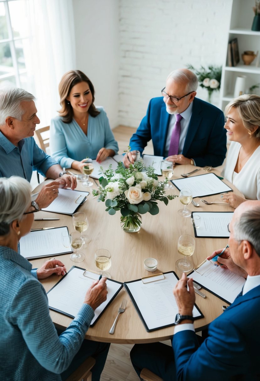 A table surrounded by family members, discussing and sharing ideas for creating the perfect guest list for a small wedding