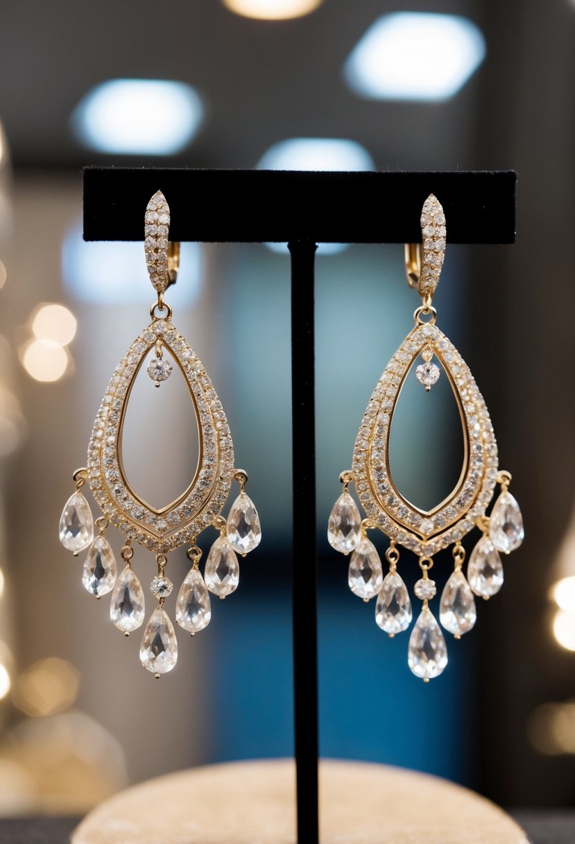 A pair of chandelier earrings dangle elegantly from a display stand, catching the light and sparkling with glamour