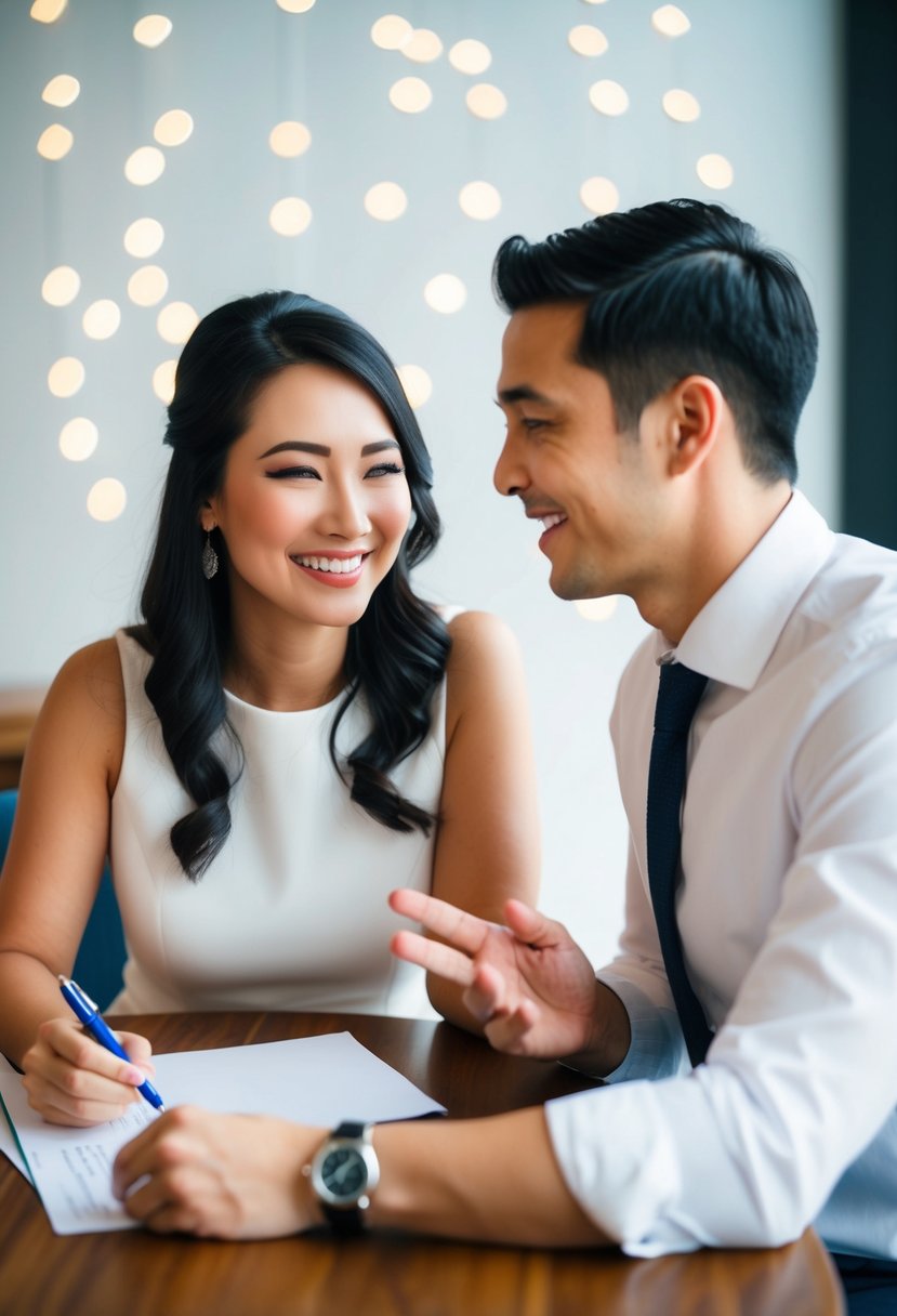 A couple sitting at a table, discussing a guest list. One partner is holding a pen and paper, while the other is gesturing and smiling