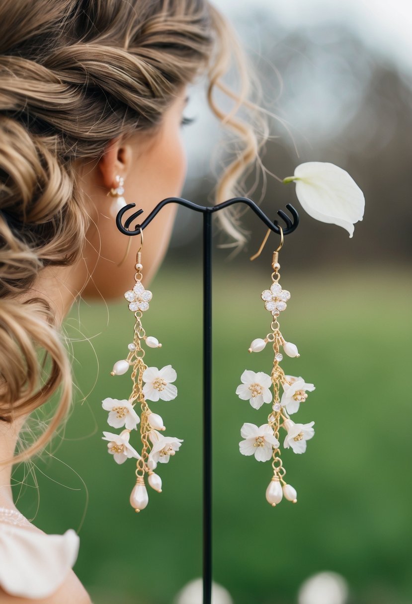 A pair of delicate floral wedding earrings dangle from a stand, surrounded by loose curls of hair and soft petals