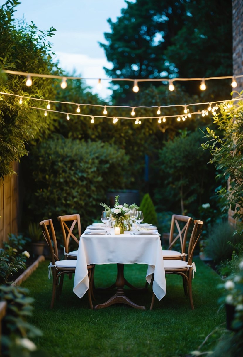 A cozy backyard garden with a small, elegant table set for an intimate wedding dinner. Twinkling string lights and lush greenery surround the scene