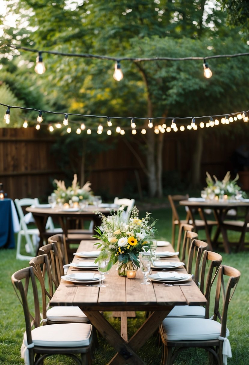 A cozy backyard set for a small wedding, with bistro lights, a rustic wooden table, and a mix of wildflowers and greenery as centerpieces