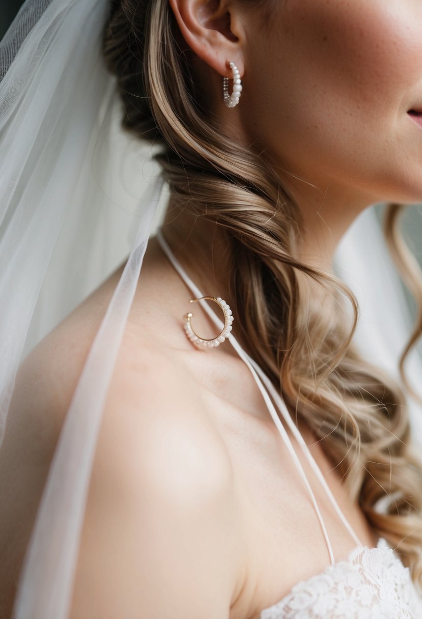 A pair of delicate, small hoop earrings dangle gracefully next to loose, flowing strands of hair, adding a touch of elegance to a bride's wedding day look