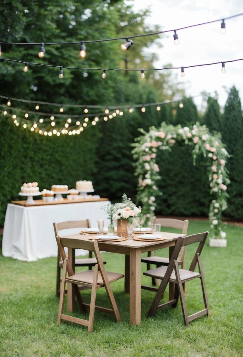 A cozy outdoor garden setting with string lights, simple wooden chairs, and a small floral archway. A rustic table with DIY centerpieces and a dessert bar with homemade treats