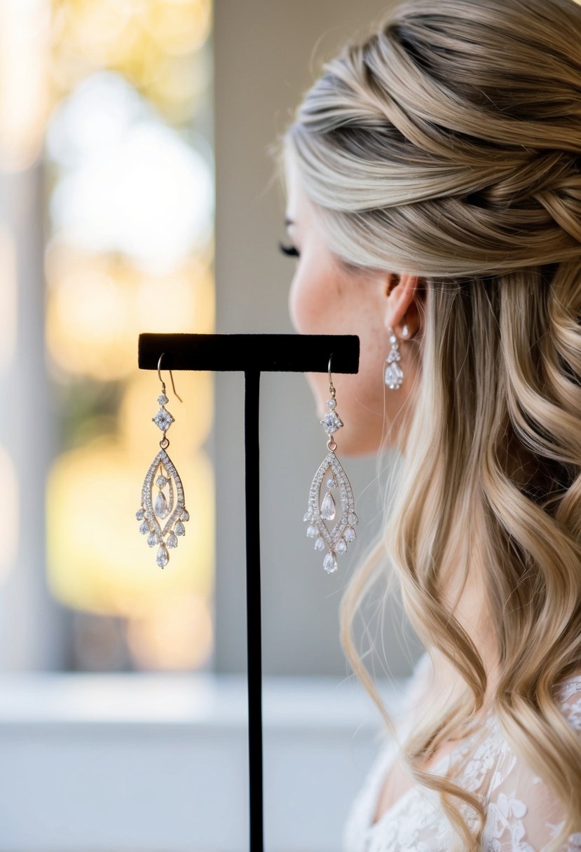 A pair of elegant dangling earrings hanging from a display stand, with a backdrop of loose, flowing hair and a bridal updo