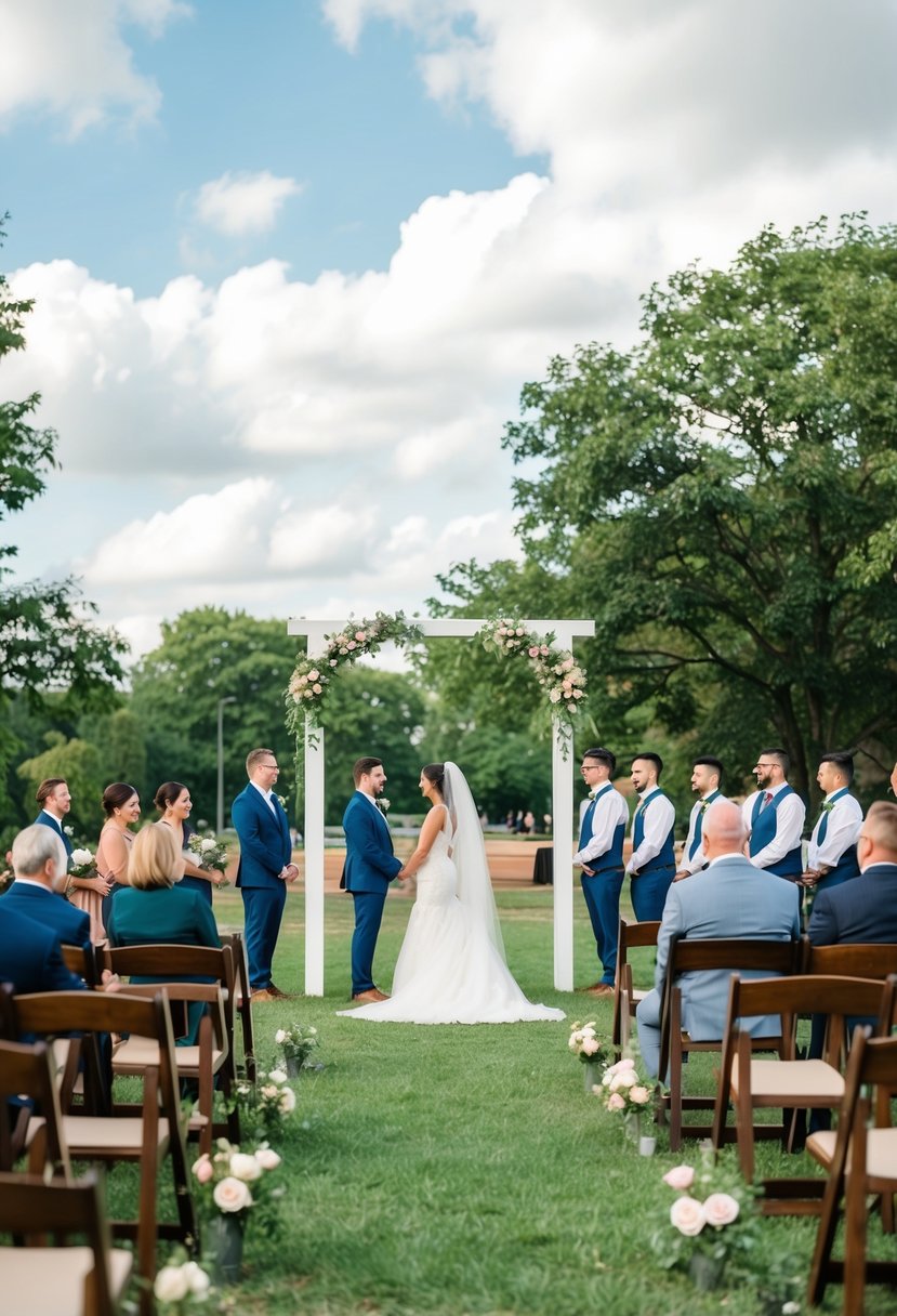 A small wedding ceremony in a public park, with a simple arch adorned with flowers and surrounded by greenery. Tables and chairs are set up for a cozy reception under the open sky