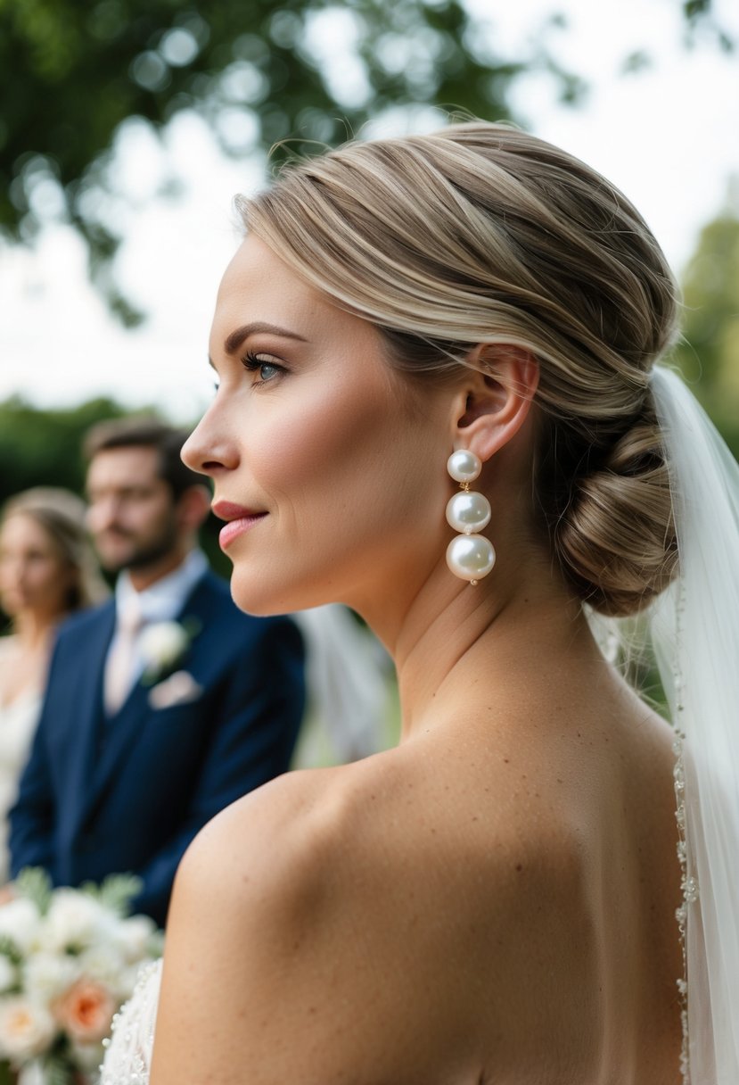 A bride with loose hair wearing modern pearl earrings at a classic wedding