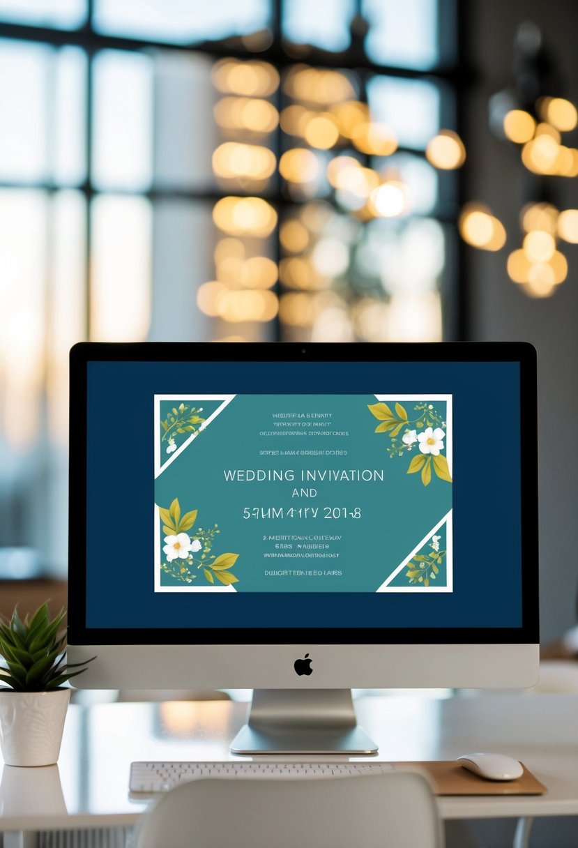 A computer screen displaying a digital wedding invitation design with budget-friendly elements such as simple graphics and minimal color usage