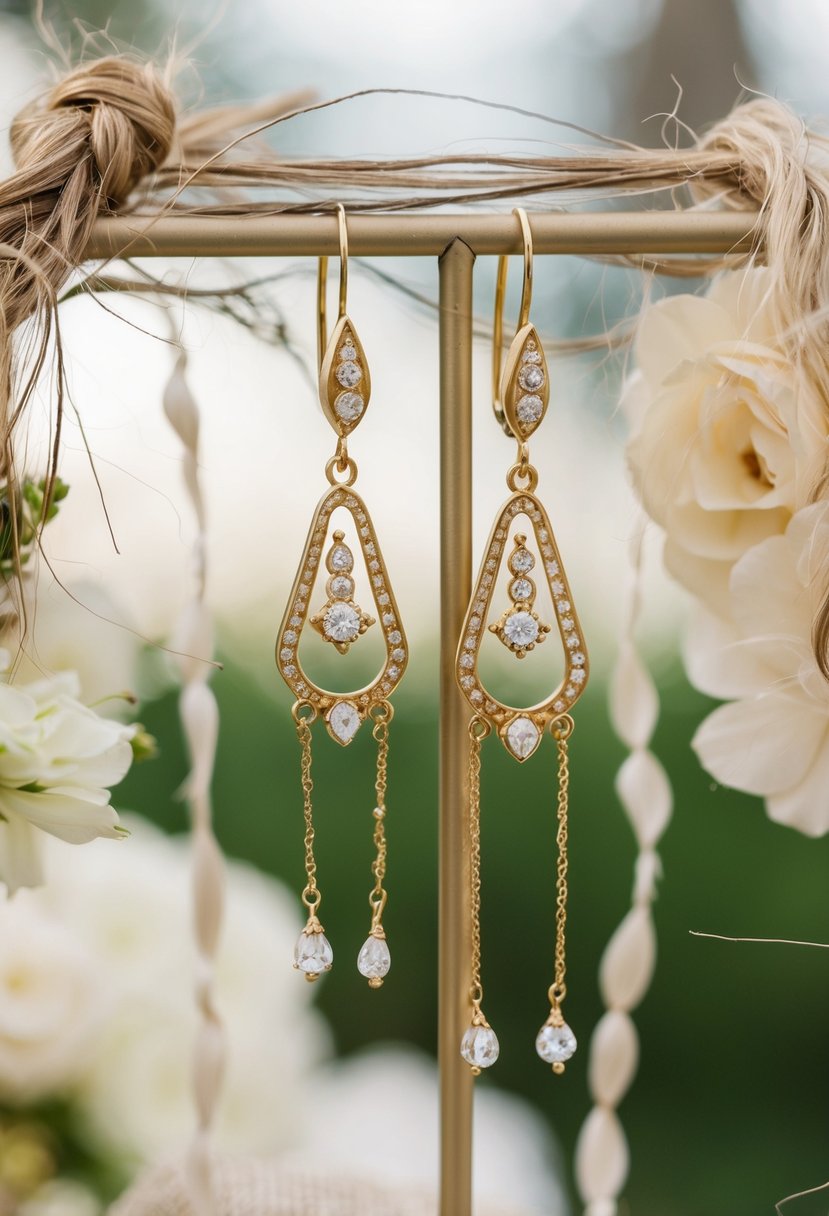 A vintage-inspired pair of gold earrings dangle from a delicate stand, surrounded by loose strands of hair and adorned with wedding-themed details