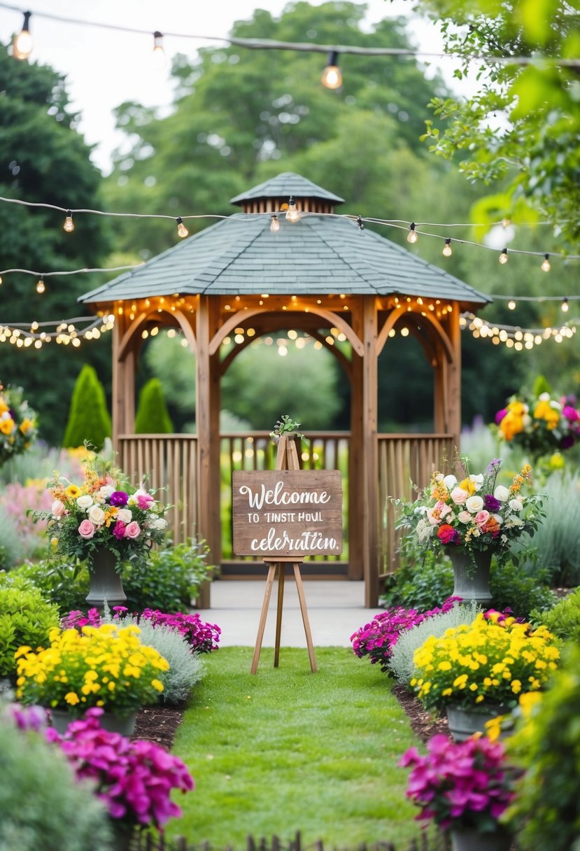 A cozy outdoor garden with a small gazebo, surrounded by twinkling string lights and colorful floral arrangements. A rustic wooden sign welcomes guests to the intimate wedding celebration