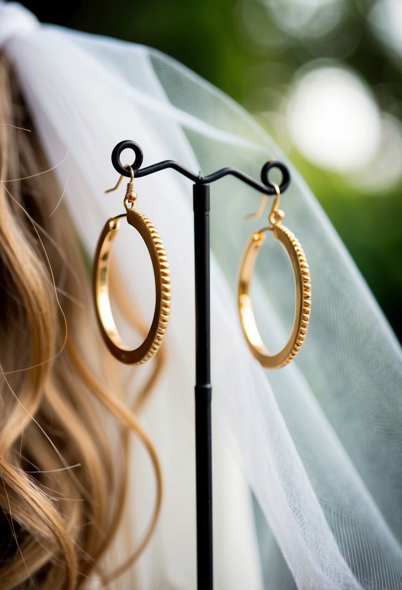 Two simple huggie earrings hanging from a stand, with loose hair and a wedding veil in the background