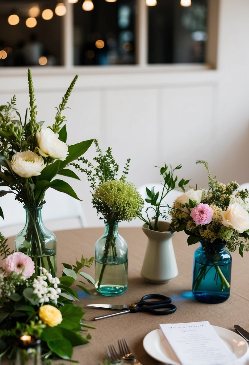 A table with assorted flowers, greenery, vases, and scissors. A small wedding venue with simple decor and budget-friendly arrangements