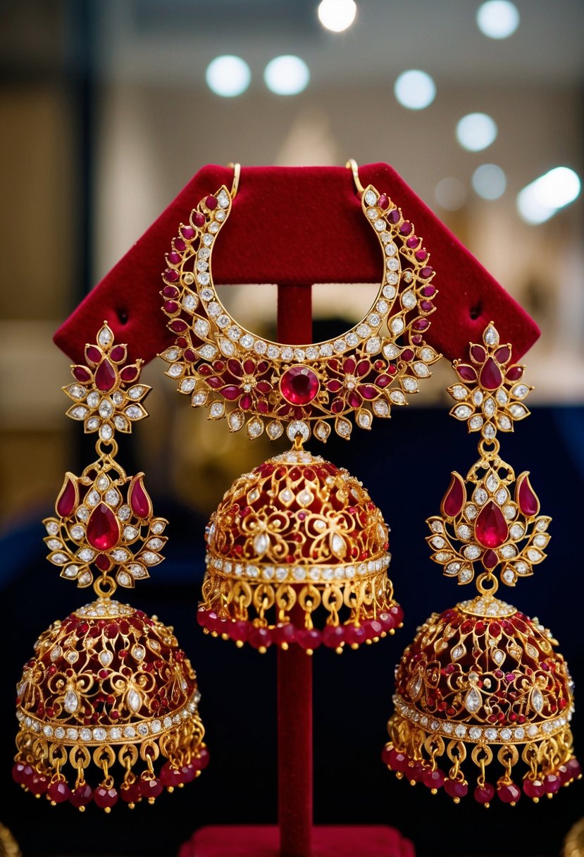 A pair of elaborate red Indian wedding earrings, adorned with intricate gold filigree and sparkling gemstones, hanging from a velvet jewelry display