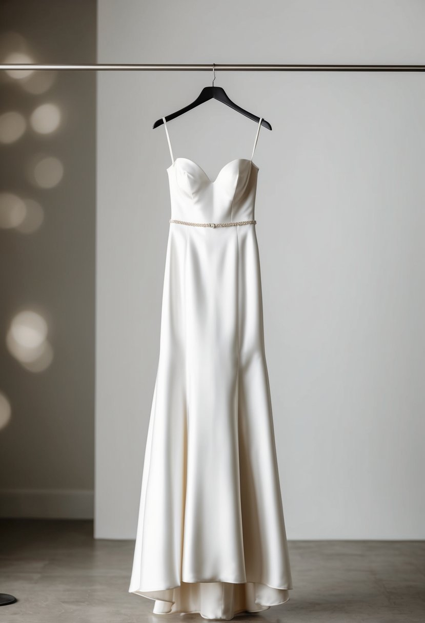 A minimalist bridal gown hanging on a sleek metal hanger against a simple, neutral backdrop