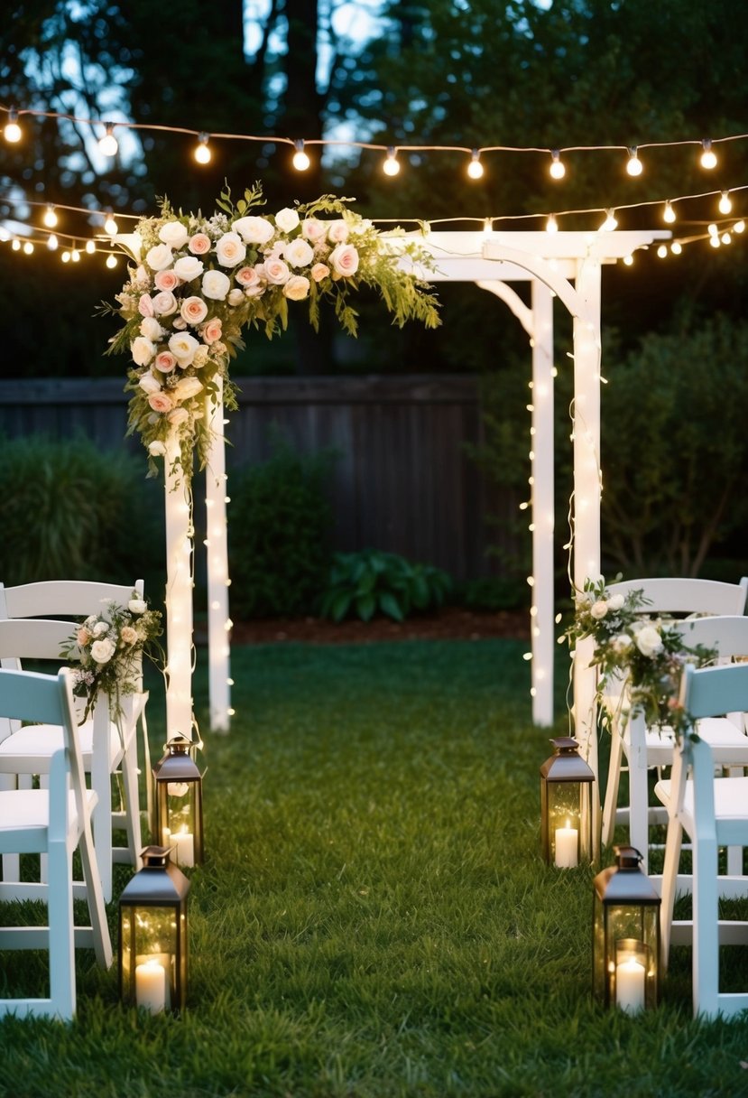 A backyard adorned with fairy lights and flowers, a simple arbor stands at the center for a cozy budget-friendly wedding ceremony