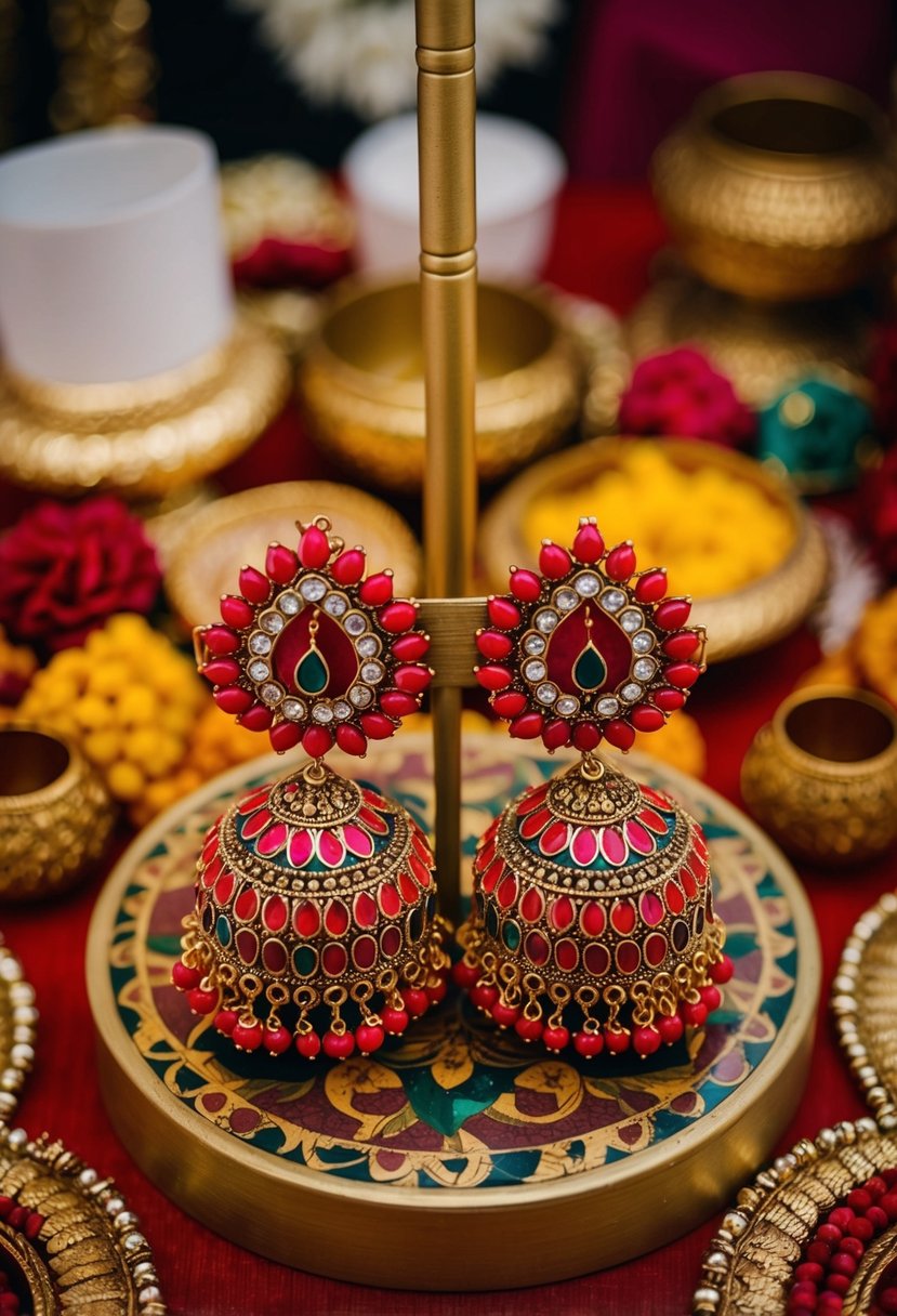 A pair of vibrant red traditional Jhumka earrings displayed on a decorative surface, surrounded by Indian wedding decor and accessories