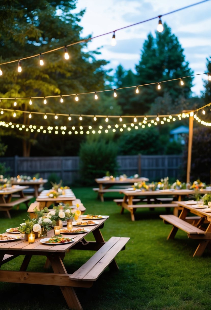 A cozy backyard with string lights, picnic tables, and a variety of homemade dishes spread out for a potluck-style wedding reception