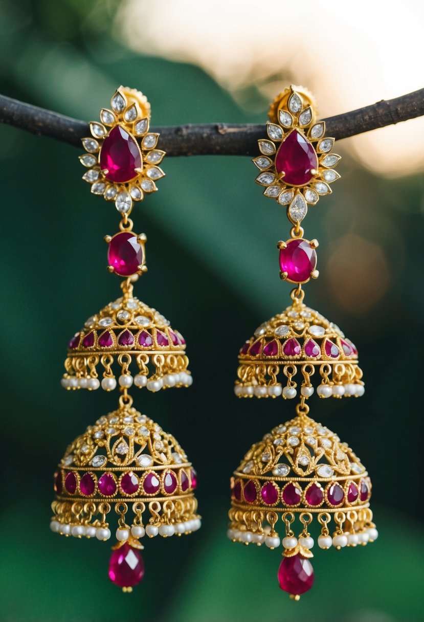 A pair of ornate Chandbali earrings adorned with vibrant red rubies, hanging delicately from a golden base, exuding elegance and opulence