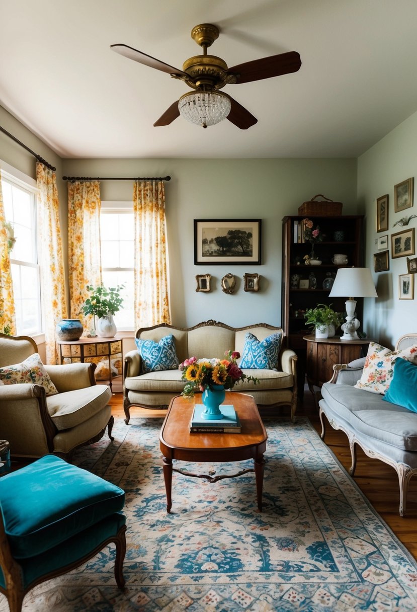 A cozy living room with vintage furniture and eclectic decor, featuring thrift store finds adding unique charm