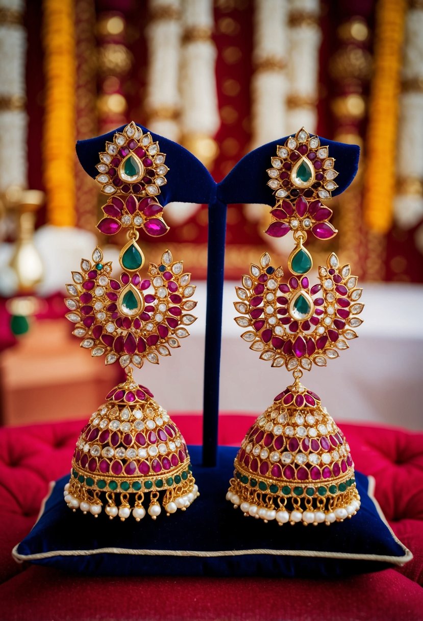 A pair of elaborate Kundan Polki earrings, featuring intricate red and gold designs, displayed on a velvet cushion against a backdrop of traditional Indian wedding decor