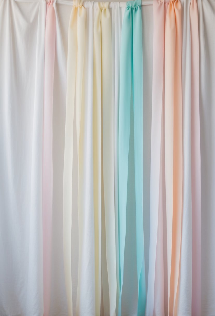 A simple backdrop of white fabric draped with soft, flowing ribbons in pastel colors, gently swaying in the breeze