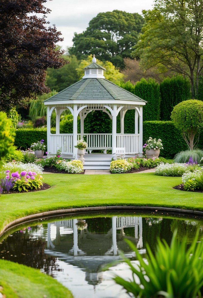 A quaint garden with a gazebo and blooming flowers, surrounded by lush trees and a serene pond, provides the perfect venue for a small wedding