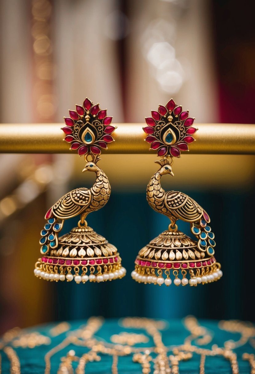 A pair of intricate Bahubali earrings featuring a peacock motif, adorned with red and gold accents, perfect for an Indian wedding