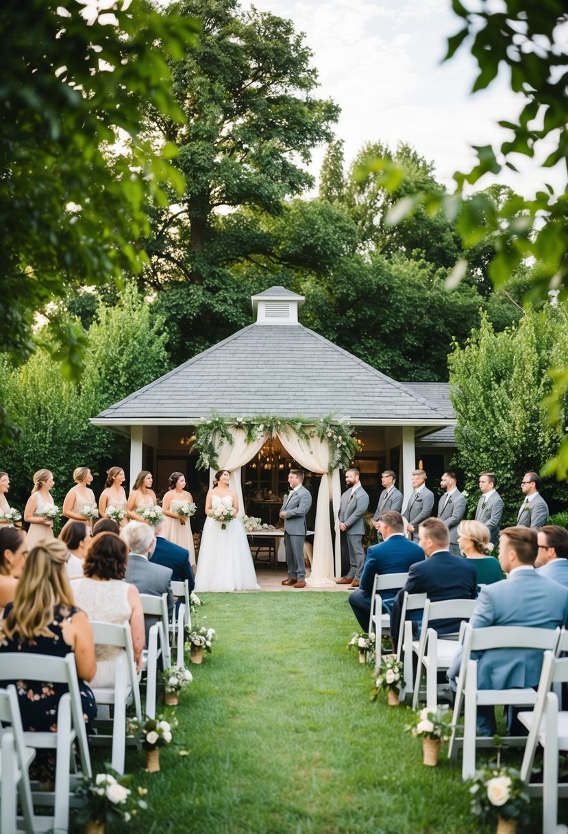 A quaint outdoor wedding venue with simple decor and a small guest list, surrounded by greenery and natural light