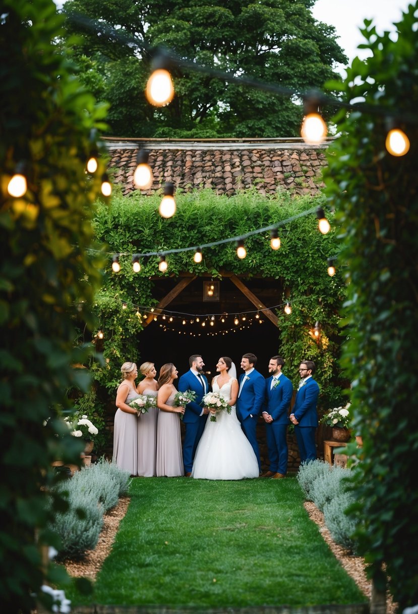 A cozy, intimate setting with a small wedding party gathered in a charming garden or a rustic barn, surrounded by lush greenery and twinkling lights