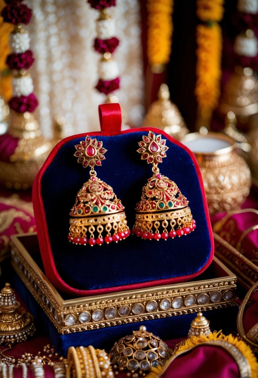 A pair of intricate red and gold temple collection earrings displayed on a velvet cushion, surrounded by traditional Indian wedding decor